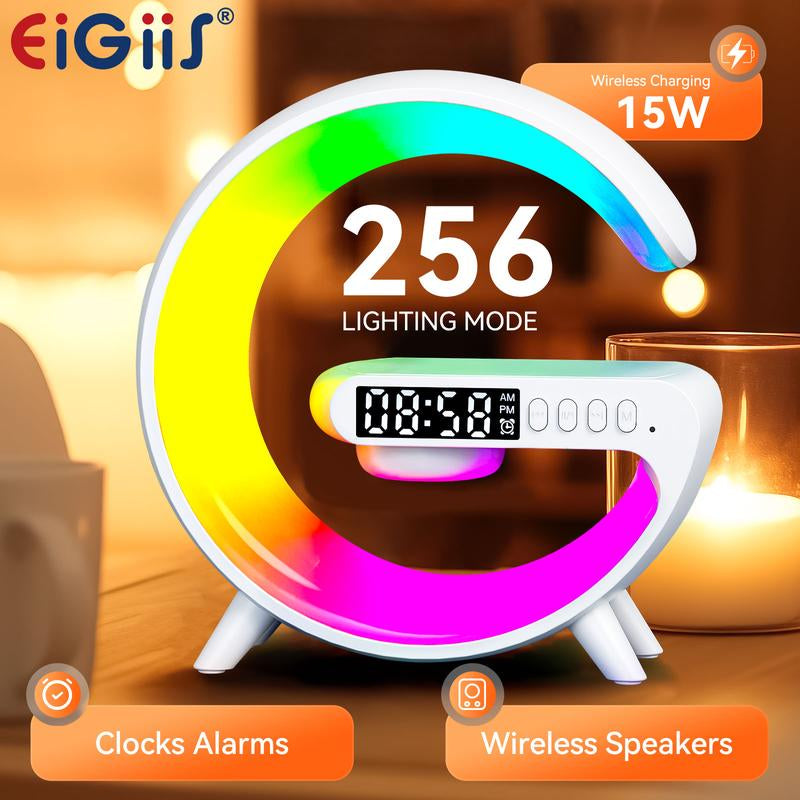 4-in-1 Smart Light & Wireless Charger: RGB Night Light, Alarm Clock, and Music Player for Your Bedroom