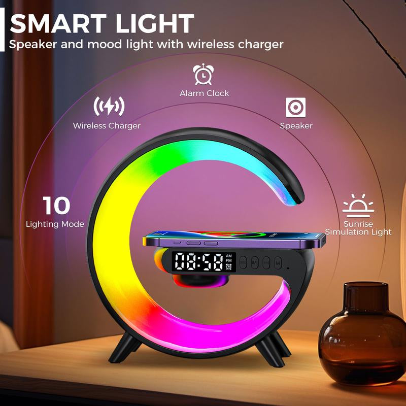 4-in-1 Smart Light & Wireless Charger: RGB Night Light, Alarm Clock, and Music Player for Your Bedroom