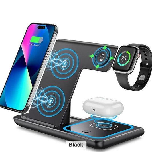 Apple 3-in-1 Wireless Charger Stand - Fast 15W Magnetic Charging for iPhone, Apple Watch & AirPods - Portable Black Design