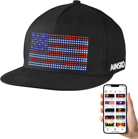LED Hat Programmable APP Control LED Snapback Hat Cap for Daily Party Club Halloween Christmas, Black