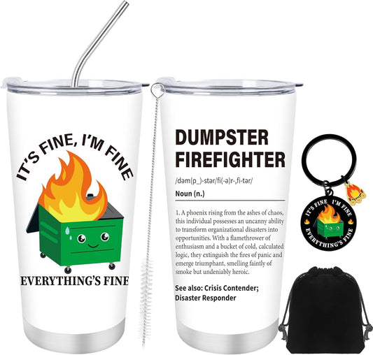 Funny Dumpster Fire Gifts - 20Oz Stainless Steel Dumpster Fire Tumbler and Keychain, Funny Office Desk Accessories, Positive Emotional Support Gifts for Coworker, Employee Appreciation