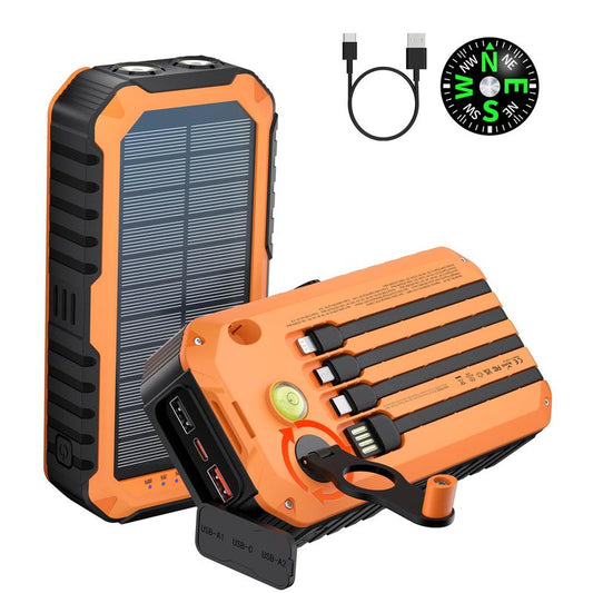 20000mAh Solar Power Bank with 4 Built-In Cables, Fast Charging, Compass & Flashlight - Ultimate Travel Charger & Gadget Accessory