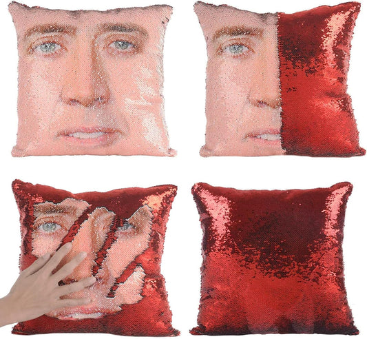 Nicolas Cage Pillow Covers Sequin Pillow Cases Funny Gag Gifts Reversible Sequin Pillow Cover Decorative Throw Cushion Case 16 X 16 Inches (Red)