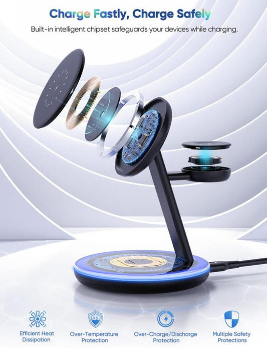 3-in-1 Magnetic Wireless Charging Station for Apple - 15W Fast Mag-Safe Charger with QC3.0 Adapter, Compatible with iPhone 15/14/13/12 Pro, Waterproof Design